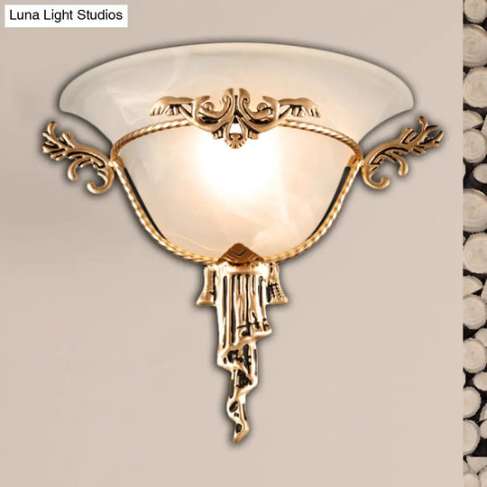 Colony Carved Sconce Wall Mounted Light Fixture In Copper/Brass With Flared Milky Glass Shade