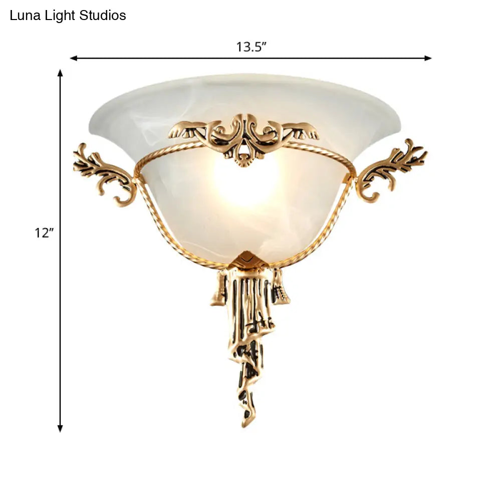 Colony Carved Sconce Wall Mounted Light Fixture In Copper/Brass With Flared Milky Glass Shade