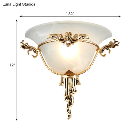 Colony Carved Sconce Wall Mounted Light Fixture In Copper/Brass With Flared Milky Glass Shade