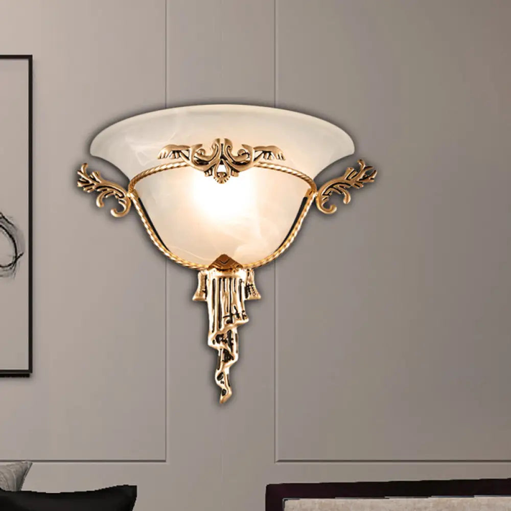 Colony Carved Sconce Wall Mounted Light Fixture In Copper/Brass With Flared Milky Glass Shade Copper