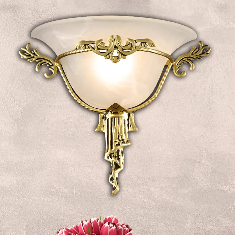 Colony Carved Sconce Wall Mounted Light Fixture In Copper/Brass With Flared Milky Glass Shade Brass