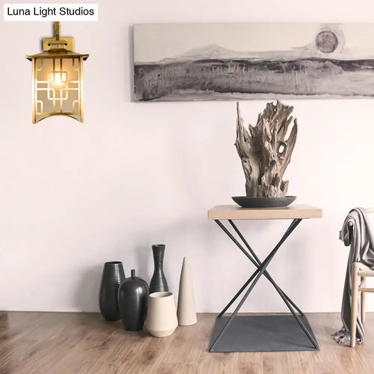 Colony Frosted Glass Lantern Sconce: 1-Head Gold Wall Lamp For Living Room