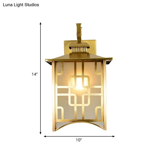 Colony Frosted Glass Lantern Sconce: 1-Head Gold Wall Lamp For Living Room