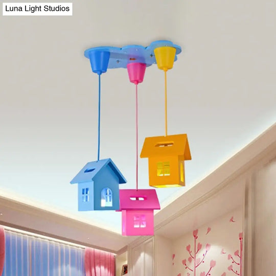 Colorful 3-Head Bedroom Pendant Lighting With Wooden House Shade