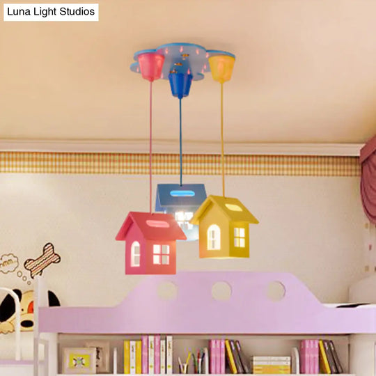 Colorful 3-Head Bedroom Pendant Lighting With Wooden House Shade