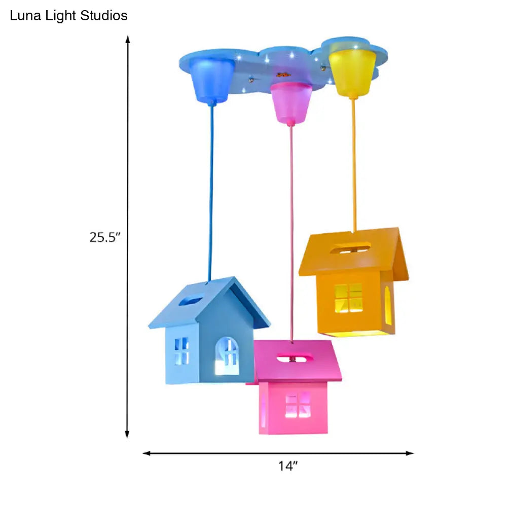 Colorful 3-Head Bedroom Pendant Lighting With Wooden House Shade