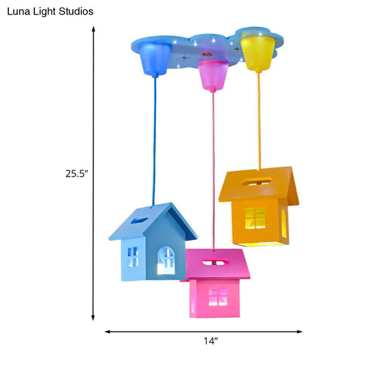 Colorful 3-Head Bedroom Pendant Lighting With Wooden House Shade