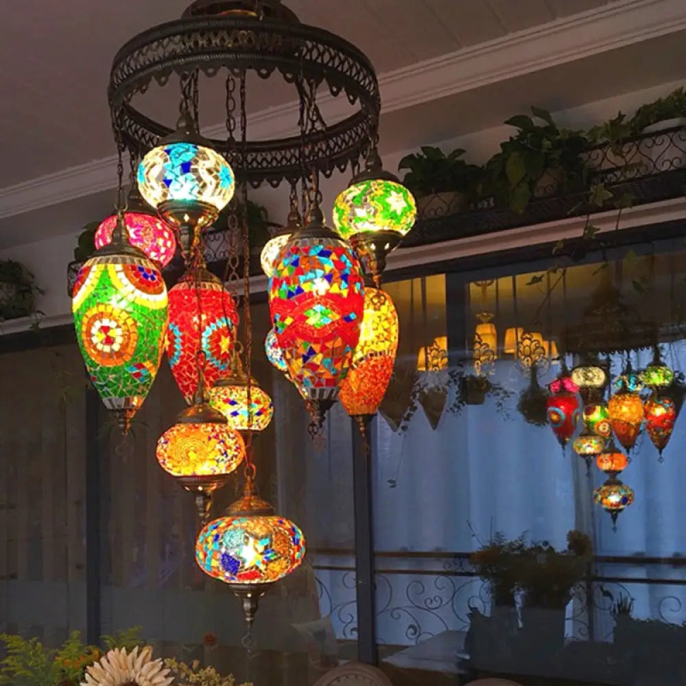 Colorful Glass Chandelier Lamp With Bronze Finish - 12 Head Ceiling Light Fixture For Restaurants
