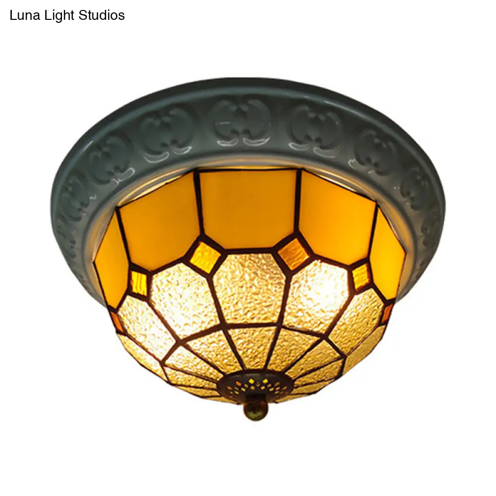 Colorful Grid Pattern Flush Mount Ceiling Light For Hallway - 2 Lights With Tiffany Style Cut Glass