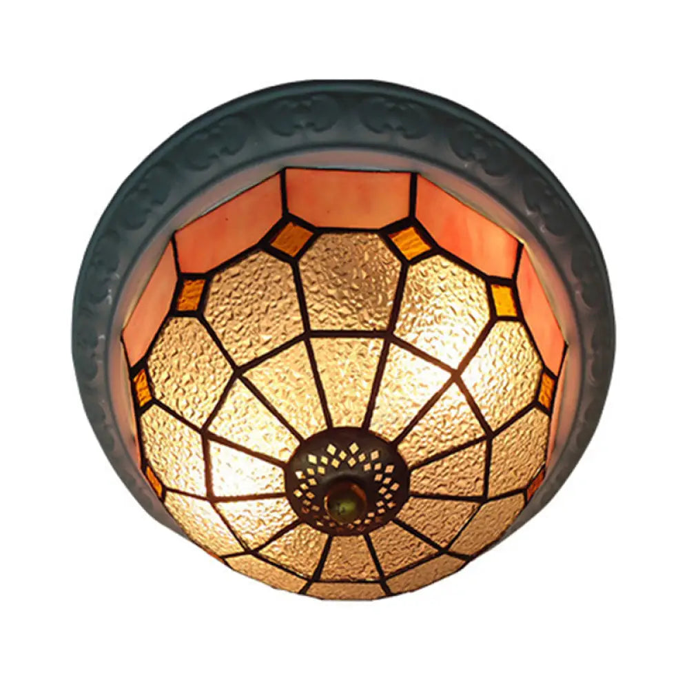 Colorful Grid Pattern Flush Mount Ceiling Light For Hallway - 2 Lights With Tiffany Style Cut Glass