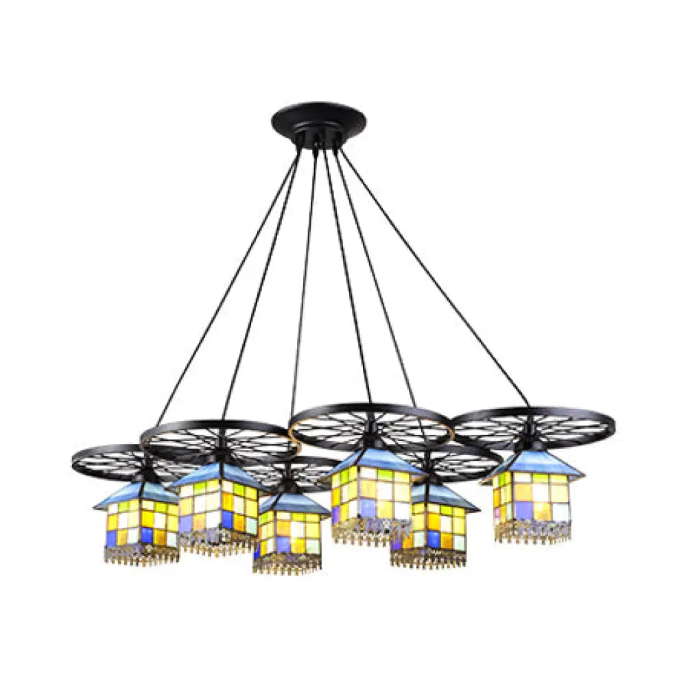 Colorful House Pendant Lamp - Black Finish Tiffany Glass Chandelier 6/10 Lights With Wheel For