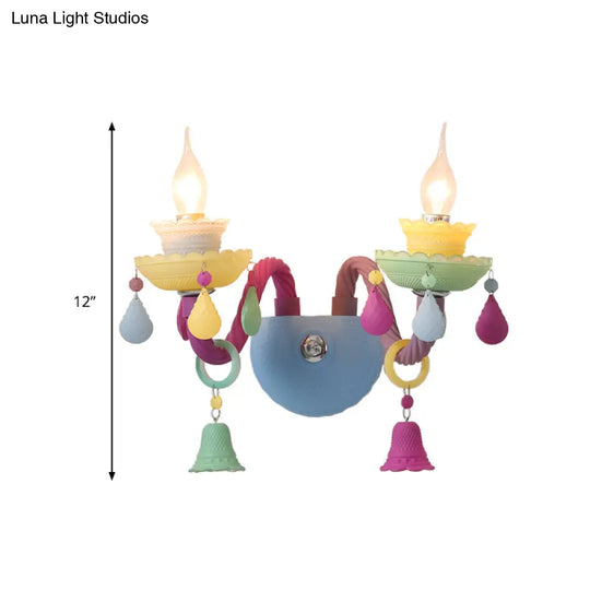 Colorful Kids Wall Sconce With Bell & Teardrop Deco Glass For Nursing Room