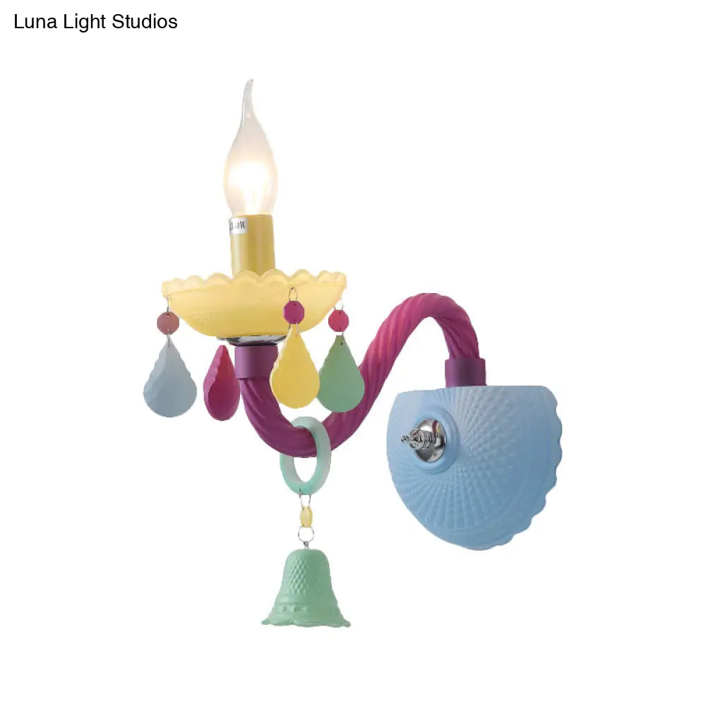 Colorful Kids Wall Sconce With Bell & Teardrop Deco Glass For Nursing Room