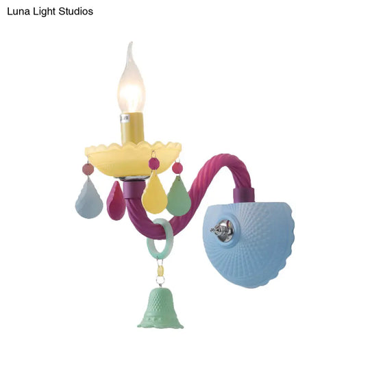 Colorful Kids Wall Sconce With Bell & Teardrop Deco Glass For Nursing Room