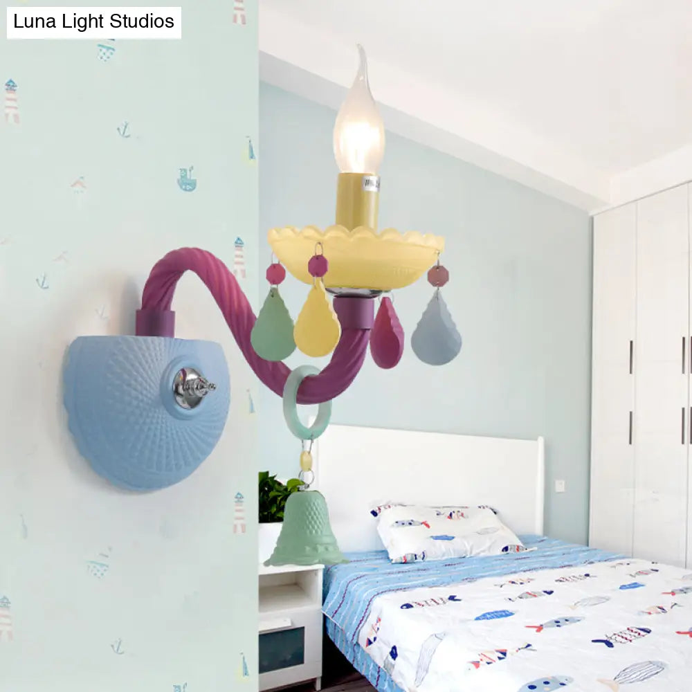 Colorful Kids Wall Sconce With Bell & Teardrop Deco Glass For Nursing Room