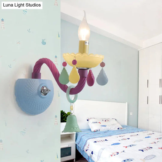 Colorful Kids Wall Sconce With Bell & Teardrop Deco Glass For Nursing Room