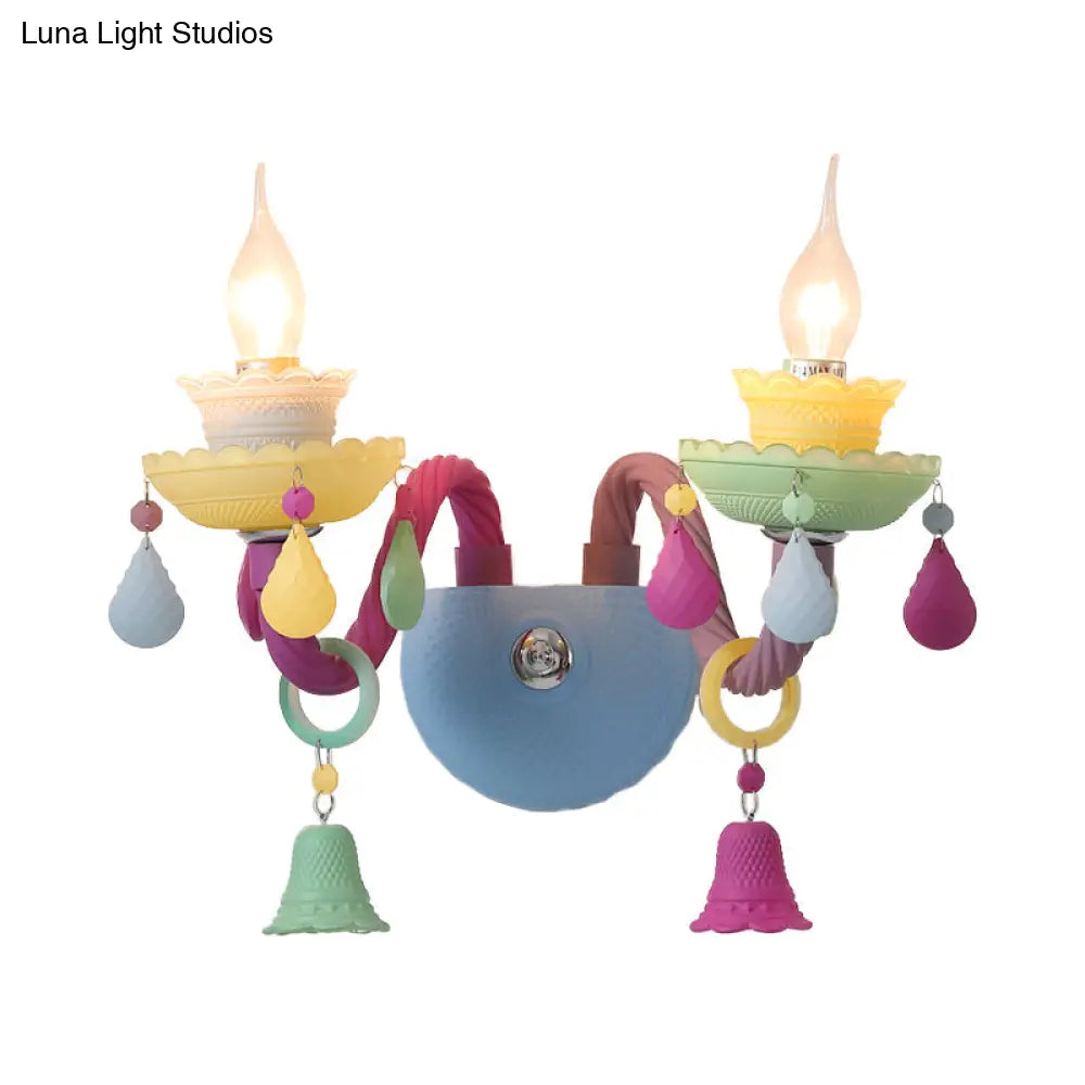 Colorful Kids Wall Sconce With Bell & Teardrop Deco Glass For Nursing Room