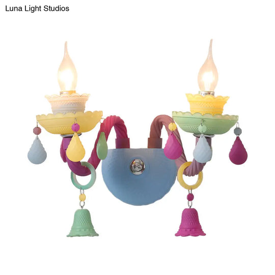 Colorful Kids Wall Sconce With Bell & Teardrop Deco Glass For Nursing Room