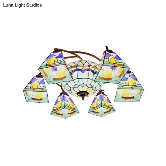 Colorful Lodge Geometric Chandelier Light: Stained Glass Inverted Yellow And Blue Pendant For