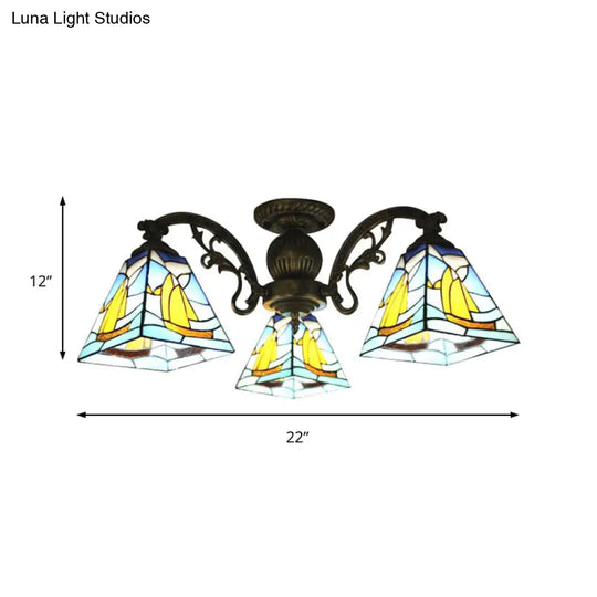 Colorful Lodge Geometric Chandelier Light: Stained Glass Inverted Yellow And Blue Pendant For