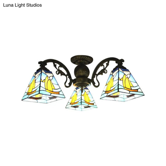 Colorful Lodge Geometric Chandelier Light: Stained Glass Inverted Yellow And Blue Pendant For