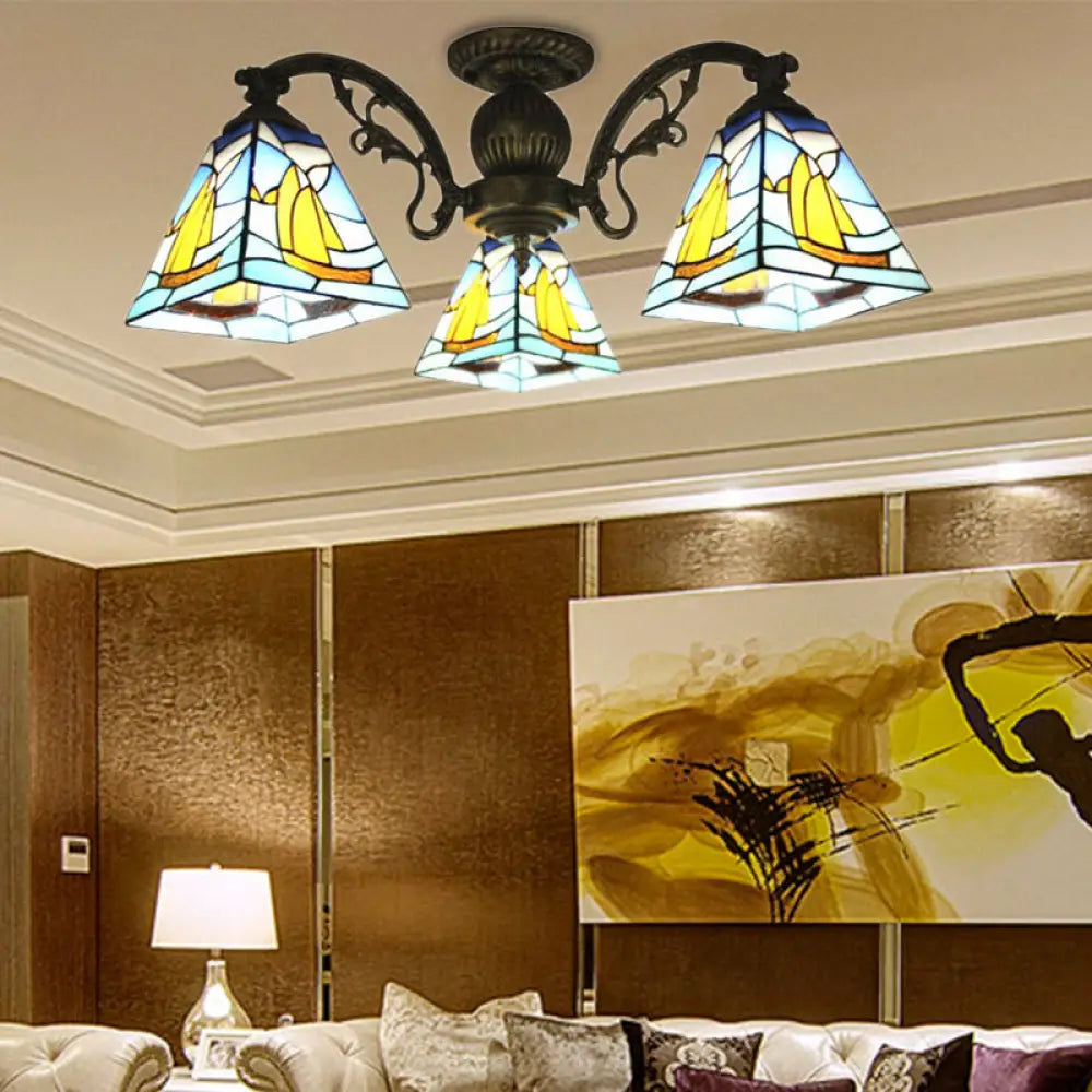 Colorful Lodge Geometric Chandelier Light: Stained Glass Inverted Yellow And Blue Pendant For