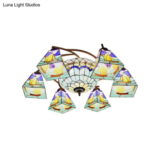 Colorful Stained Glass Geometric Chandelier In Yellow And Blue For Living Room