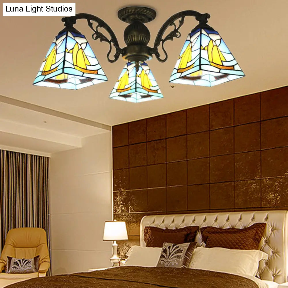 Colorful Lodge Geometric Chandelier Light: Stained Glass Inverted Yellow And Blue Pendant For