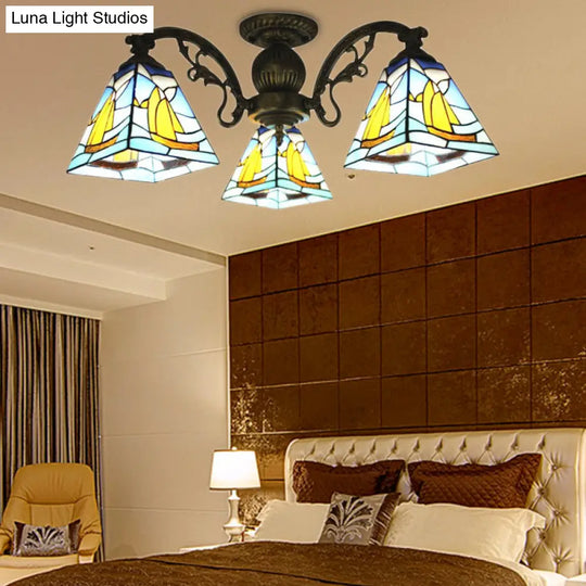 Colorful Lodge Geometric Chandelier Light: Stained Glass Inverted Yellow And Blue Pendant For