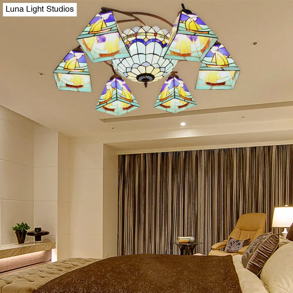 Colorful Stained Glass Geometric Chandelier In Yellow And Blue For Living Room 7 / Yellow-Blue