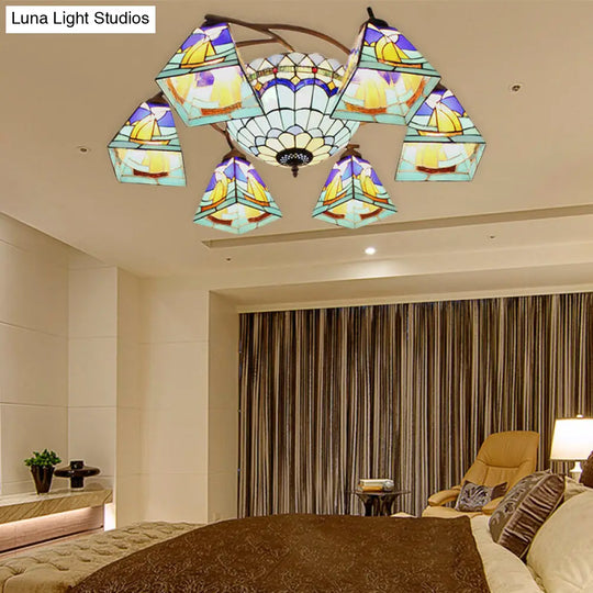 Colorful Stained Glass Geometric Chandelier In Yellow And Blue For Living Room 7 / Yellow-Blue