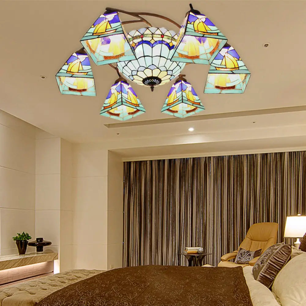 Colorful Lodge Geometric Chandelier Light: Stained Glass Inverted Yellow And Blue Pendant For