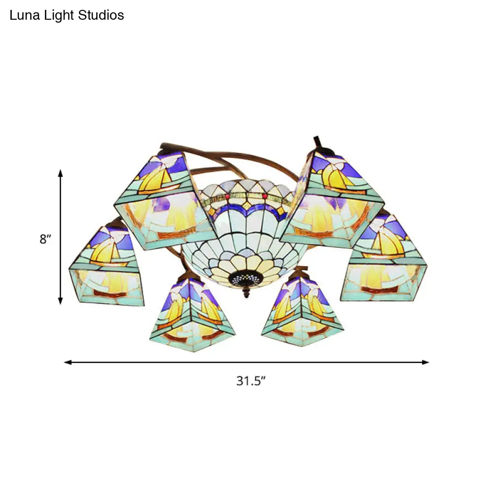 Colorful Lodge Geometric Chandelier Light: Stained Glass Inverted Yellow And Blue Pendant For