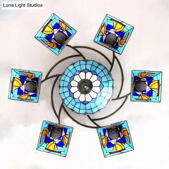 Colorful Lodge Geometric Chandelier Light: Stained Glass Inverted Yellow And Blue Pendant For