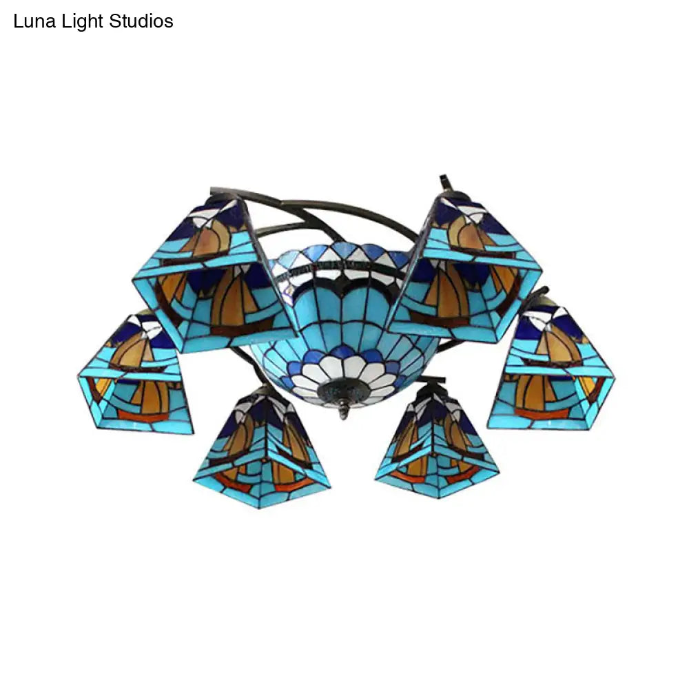 Colorful Lodge Geometric Chandelier Light: Stained Glass Inverted Yellow And Blue Pendant For