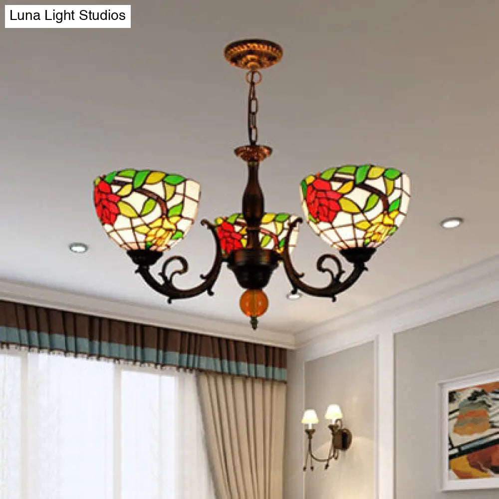 Colorful Stained Glass Bowl Chandelier Light In Retro Style Brass - Flower Design 3 Bulbs / Rose