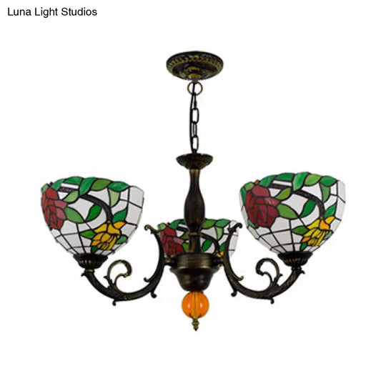 Colorful Stained Glass Bowl Chandelier In Retro Brass: Flower Pattern 3 Bulbs Vibrant Lighting