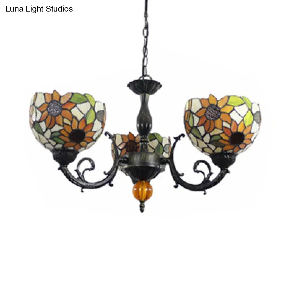 Colorful Stained Glass Bowl Chandelier In Retro Brass: Flower Pattern 3 Bulbs Vibrant Lighting