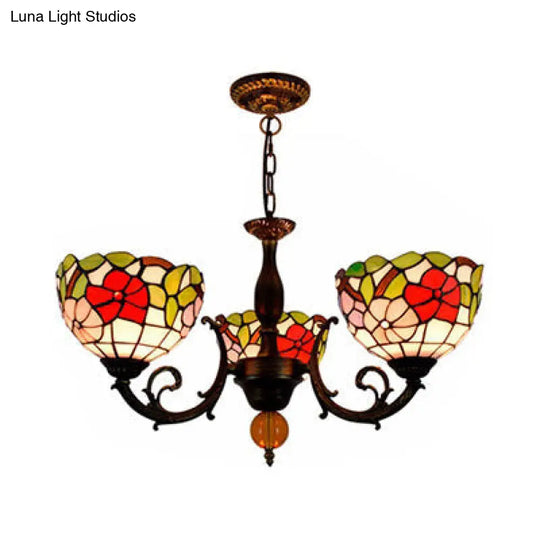 Colorful Stained Glass Bowl Chandelier Light In Retro Style Brass - Flower Design 3 Bulbs