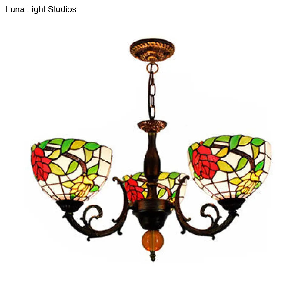 Colorful Stained Glass Bowl Chandelier In Retro Brass: Flower Pattern 3 Bulbs Vibrant Lighting