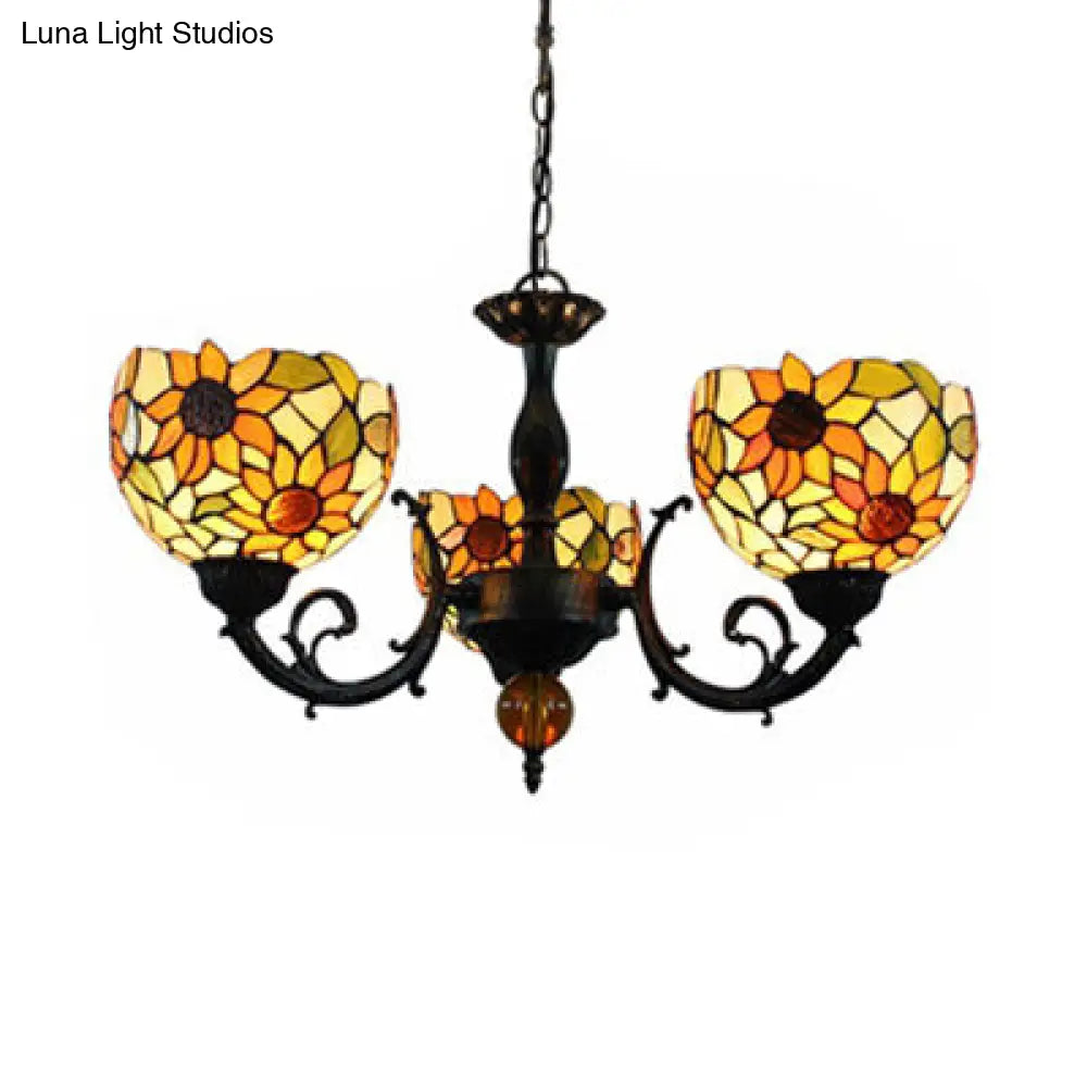 Colorful Stained Glass Bowl Chandelier Light In Retro Style Brass - Flower Design 3 Bulbs