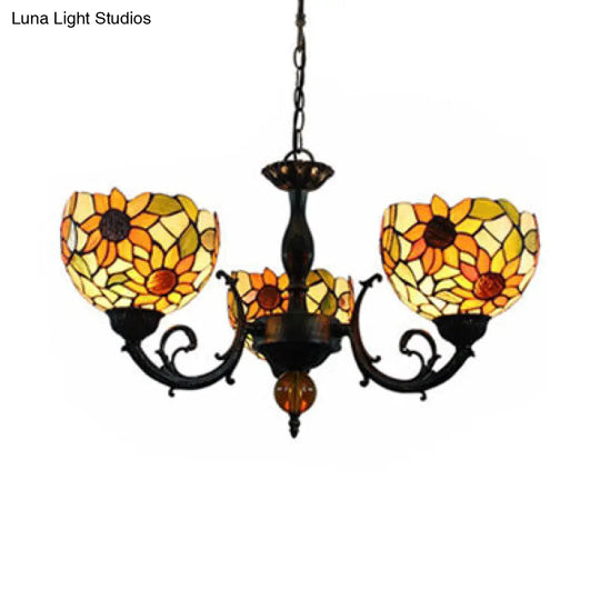 Colorful Stained Glass Bowl Chandelier Light In Retro Style Brass - Flower Design 3 Bulbs