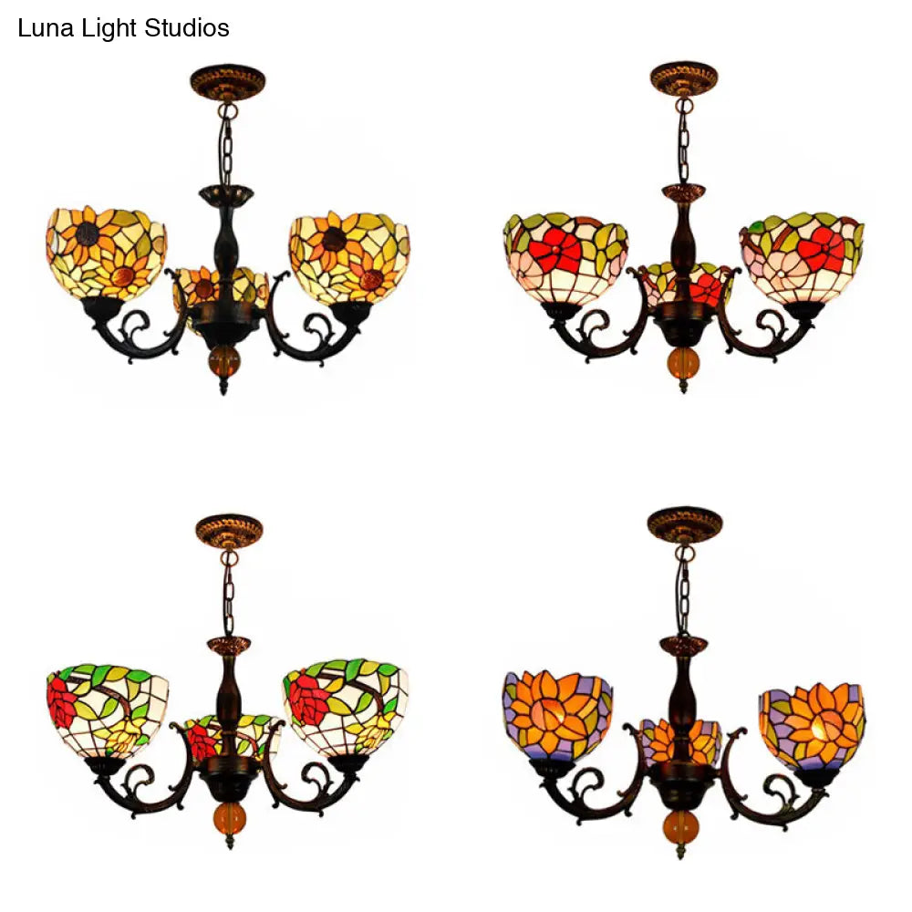 Colorful Stained Glass Bowl Chandelier Light In Retro Style Brass - Flower Design 3 Bulbs