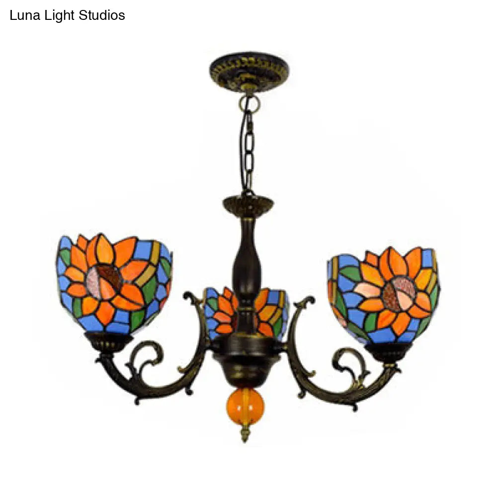 Colorful Stained Glass Bowl Chandelier Light In Retro Style Brass - Flower Design 3 Bulbs