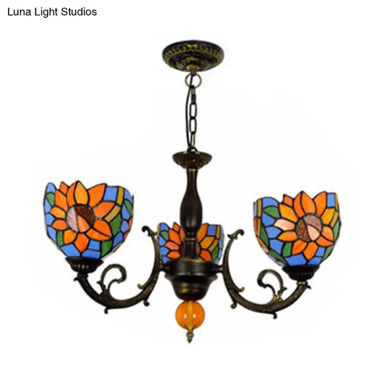 Colorful Stained Glass Bowl Chandelier Light In Retro Style Brass - Flower Design 3 Bulbs