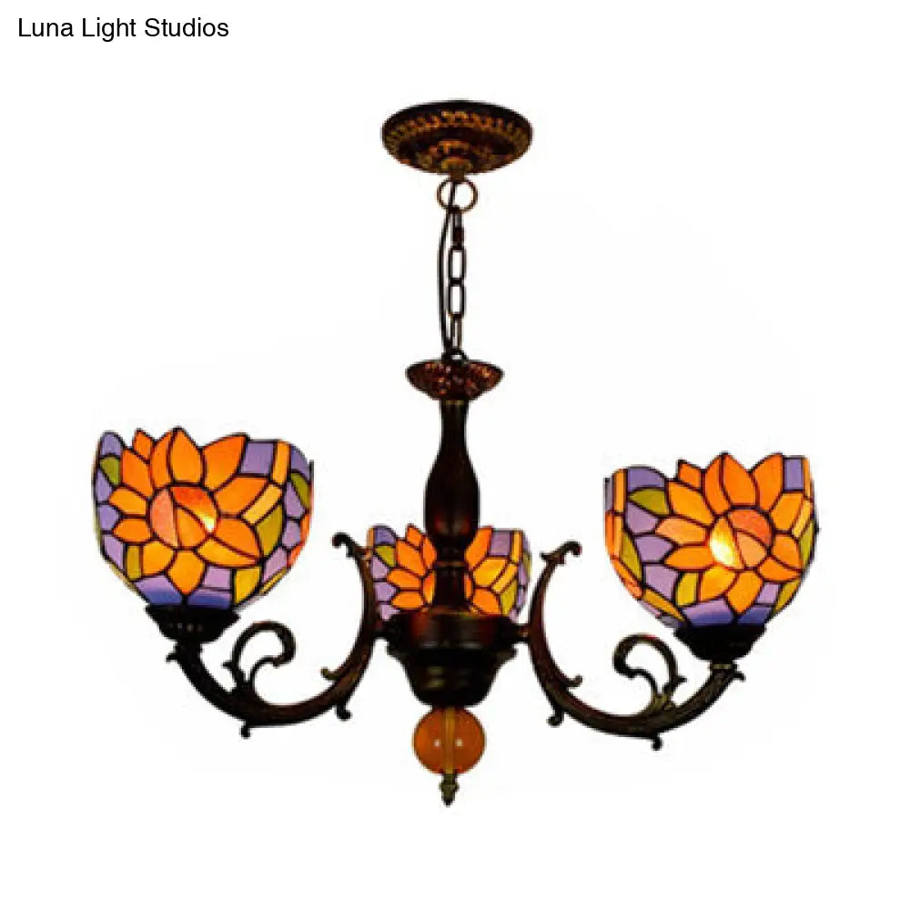 Colorful Stained Glass Bowl Chandelier Light In Retro Style Brass - Flower Design 3 Bulbs