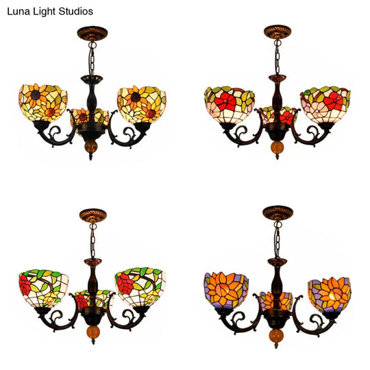 Colorful Stained Glass Bowl Chandelier In Retro Brass: Flower Pattern 3 Bulbs Vibrant Lighting