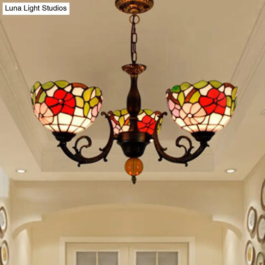 Colorful Stained Glass Bowl Chandelier Light In Retro Style Brass - Flower Design 3 Bulbs /