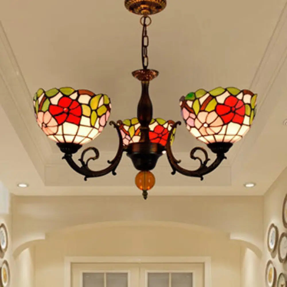 Colorful Stained Glass Bowl Chandelier In Retro Brass: Flower Pattern 3 Bulbs Vibrant Lighting