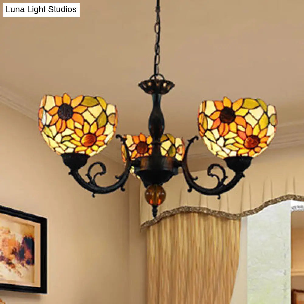 Colorful Stained Glass Bowl Chandelier Light In Retro Style Brass - Flower Design 3 Bulbs / Yellow